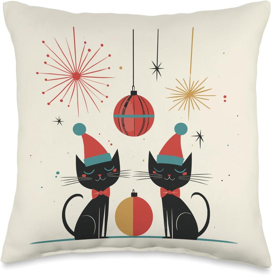 Mid Century Modern Christmas | Mid Century Cats Christmas Throw Pillow (16x16)