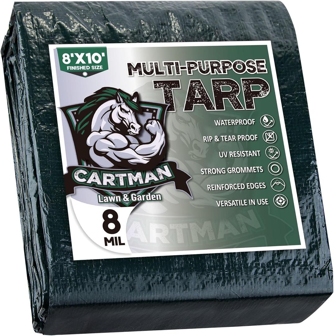 CARTMAN Finished Size 8x10 Feet Waterproof Green Tarp 8 Mil Thick, Multipurpose Protective Cover for Emergency Rain Shelter Camping Tarpaulin