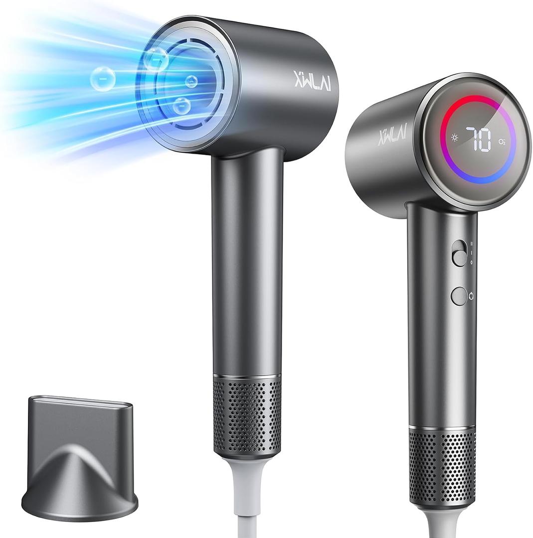 Hair Dryer, 110000 RPM High-Speed Brushless Motor Negative Ionic Blow Dryer for Fast Drying, Low Noise Thermo-Control Hair Dryer with Nozzle and Tri-Colour LED Light Ring for Home, Travel (Gray)