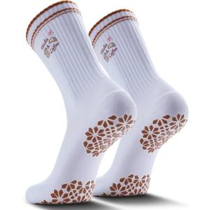 Pilates Grip Socks for Women - Embroidery Athletic Crew, Non-Skid Sticky Soles for Yoga, Barre, Workout & Hospital (White)