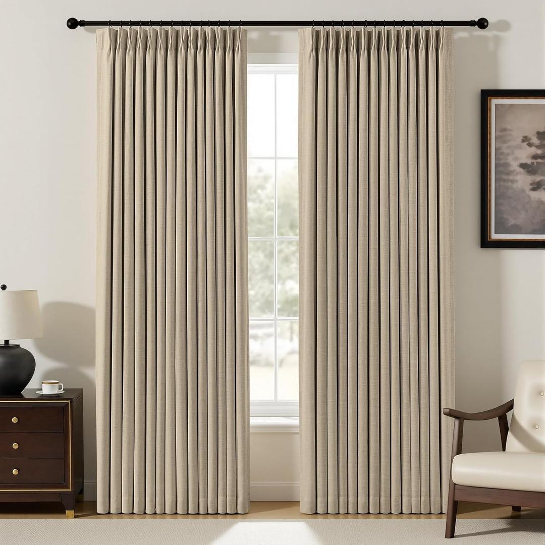 YZ HOME Pinch Pleated Linen Curtains 100% Blackout 95 Inches Long for Living Room Bedroom, Memory Thermal Insulated Room Darkening Window Drapes with Rings Hooks, 2 Panels, Sand, 40" Wx95 L
