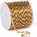 33 Feet Gold Rolo Box Chain Bulk, 3mm 18K Gold PVD Plated 304 Stainless Steel Square Link Cable Chains Roll Spool for Jewelry Making DIY Craft