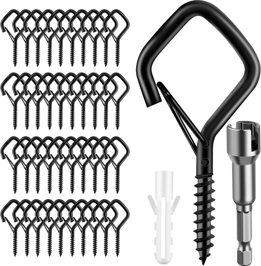 42 Pcs Screw Hooks for Outdoor String Lights, Q-Hanger Hook with Safety Buckle, Patio Wall Ceilling Square Eye Cup Hook for Hanging Plant Pots Christmas Decor Wire Fairy Led, Wind Nut Driver, Black