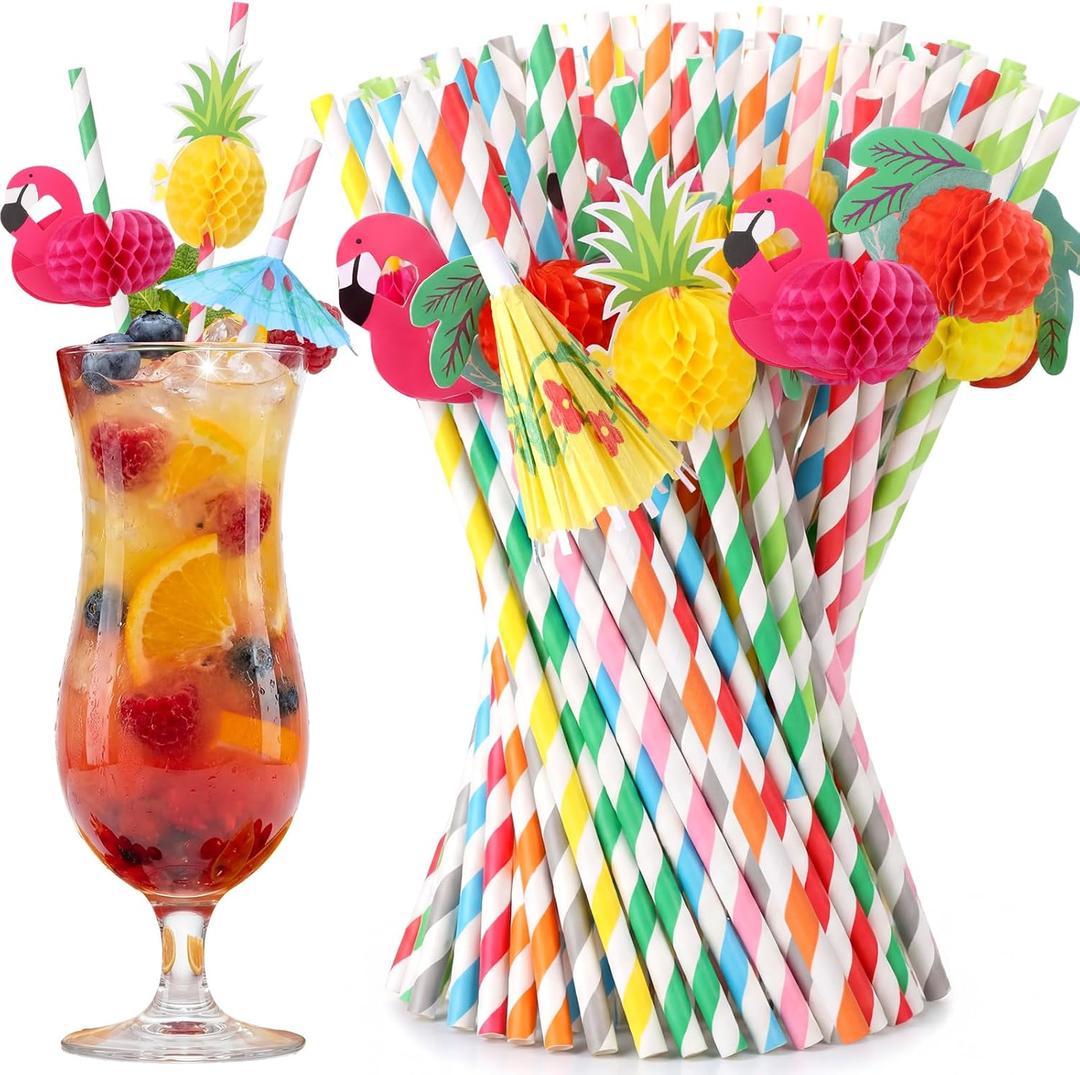 Eaasty 500 Pcs Flamingo Fruit Paper Drinking Straws Bulk Disposable Paper Drinking Cocktail Straws Honeycomb Party Decorations for Hawaiian Luau Pool Party Birthday Wedding, Assorted Colors, 7.8 in