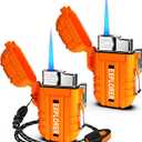 Waterproof Butane Torch Lighter Refillable Windproof Jet Flame Lighters for Fireplace Fireworks Grill Camping BBQ Lighter Gift for Man, 2 Pack (Without Gas) (Orange+Orange)