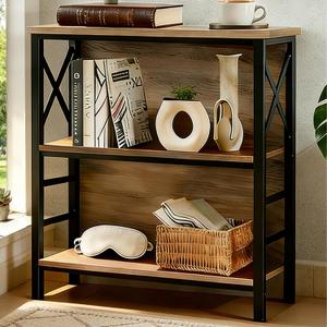 MNEETRUNG Book Shelf, Small 3-Tier Industrial Bookshelf with Strong Metal Frame & Backboard, 29.5" Short Bookcase for Small Spaces, Living Room, Bedroom and Home Office, Brown