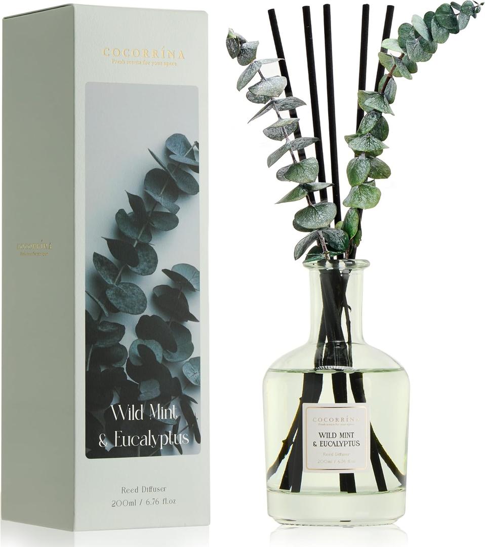 COCORRNA Wild Mint & Eucalyptus Reed Diffuser  6.76 oz Essential Oil with 8 Reeds & Real Eucalyptus Sticks, Home Fragrance for Bedroom or Bathroom Dcor