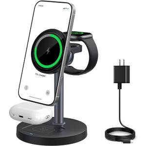 3 in 1 Wireless Charging Station for Apple: 15W Multiple Devices Fast Magnetic Charger Stand Fit for iPhone 17 Air 16 15 14 13 12 11 Pro Max Plus for Apple Watch for AirPods 4 3 2 Pro for Home Office (Black)