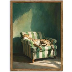 Framed Funny Leopard Canvas Wall Art, Vintage Sleeping Cheetah on Sofa Pictures Wall Decor, Eclectic Animal Paintings Canvas Prints Whimsical Home Decor for Living Room Bedroom 12x16 inch