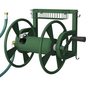 Outdoor Wall Mounted Hose Reel with Hook, Garden Heavy-Duty Water Hose Holder Winder with 3.9 ft Leader Hose, Brass Fitting and Storage Basket for Yard, Holds 125 Ft of 5/8-Inch Hose, Green