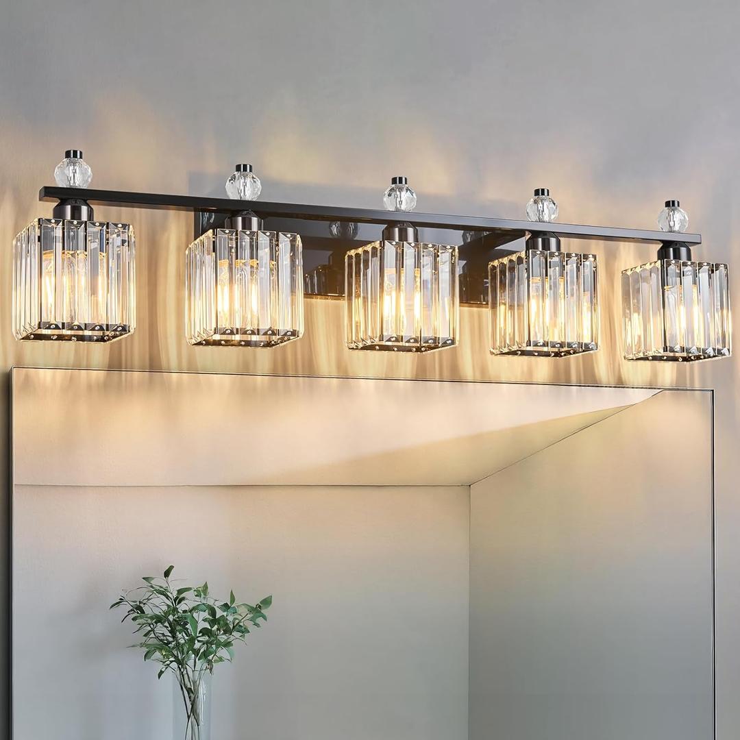 Vanity Lights 5-Light Modern Crystal Vanity Light Plating Black Bathroom Light Fixtures Over Mirror Crystal Bathroom Vanity Lighting Fixtures