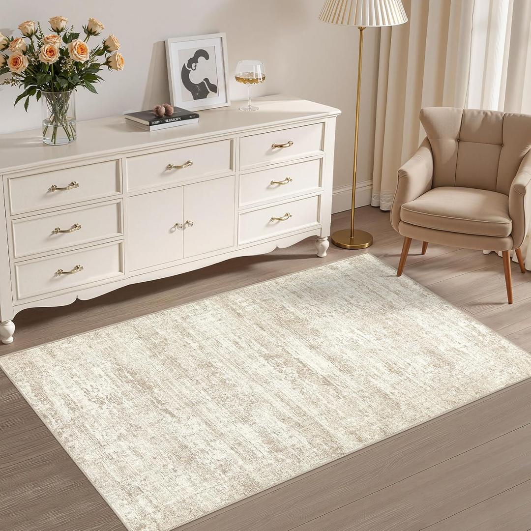 3x5 Area Rug Living Room Rugs - Washable Neutral Modern Abstract Soft Thin Rug Indoor Floor No Slip Rug Carpet for Bedroom Under Dining Table Home Office Decor - Beige/Brown