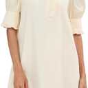 Women's Puff Short Sleeve Stand Ruffle Collar Summer Dress Casual A Line Shift Mini Dress with Pockets (Medium)