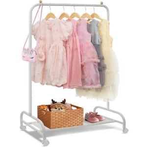 YGJT Kids Clothing Rack, Baby Clothes Rack for Hanging Clothes with Wheels and Bottom Storage Shelf, Small Toddler Garment Rack Kids Dress Up Storage Rack for Coats, Skirts, Dance Costume(White)