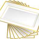 FOCUSLINE 8 PCS Plastic Serving Trays, White and Gold Rim Plastic Serving Platters, Disposable Tray for Food, Perfect for Wedding Parties