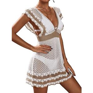 Womens Crochet Sexy Waist Cinched Swimsuit Coverup Summer 2025 Color Block Beach Bathing Suit Cover Up Mini Dress (Medium, Black+khaki)
