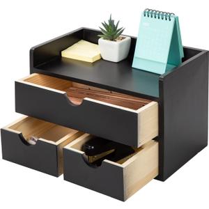 Black Bamboo Desk Organizer Wooden Storage Cabinet 3 Drawers with Shelf Tabletop Organization Box Home Office Workspace Bathroom Toiletries Supplies Caddy Vanity Makeup Stationery Holder