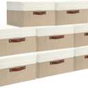 8 Pack Decorative Storage Bins Containers Fabric Bins with Lids Storage Baskets Bulk for Shelves Drawers, Desktop, Closet, Playroom, Classroom, Office, Bedroom, (15INx10INx10IN, Beige/White)