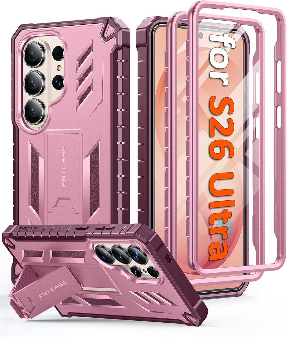 FNTCASE for Samsung Galaxy S26-Ultra Case: [Built-in Screen Protector & Kickstand] [2 Front Frames] [Military-Grade Drop Protection] Heavy Duty Shockproof Rugged TPU Case Full Body Protective Pink