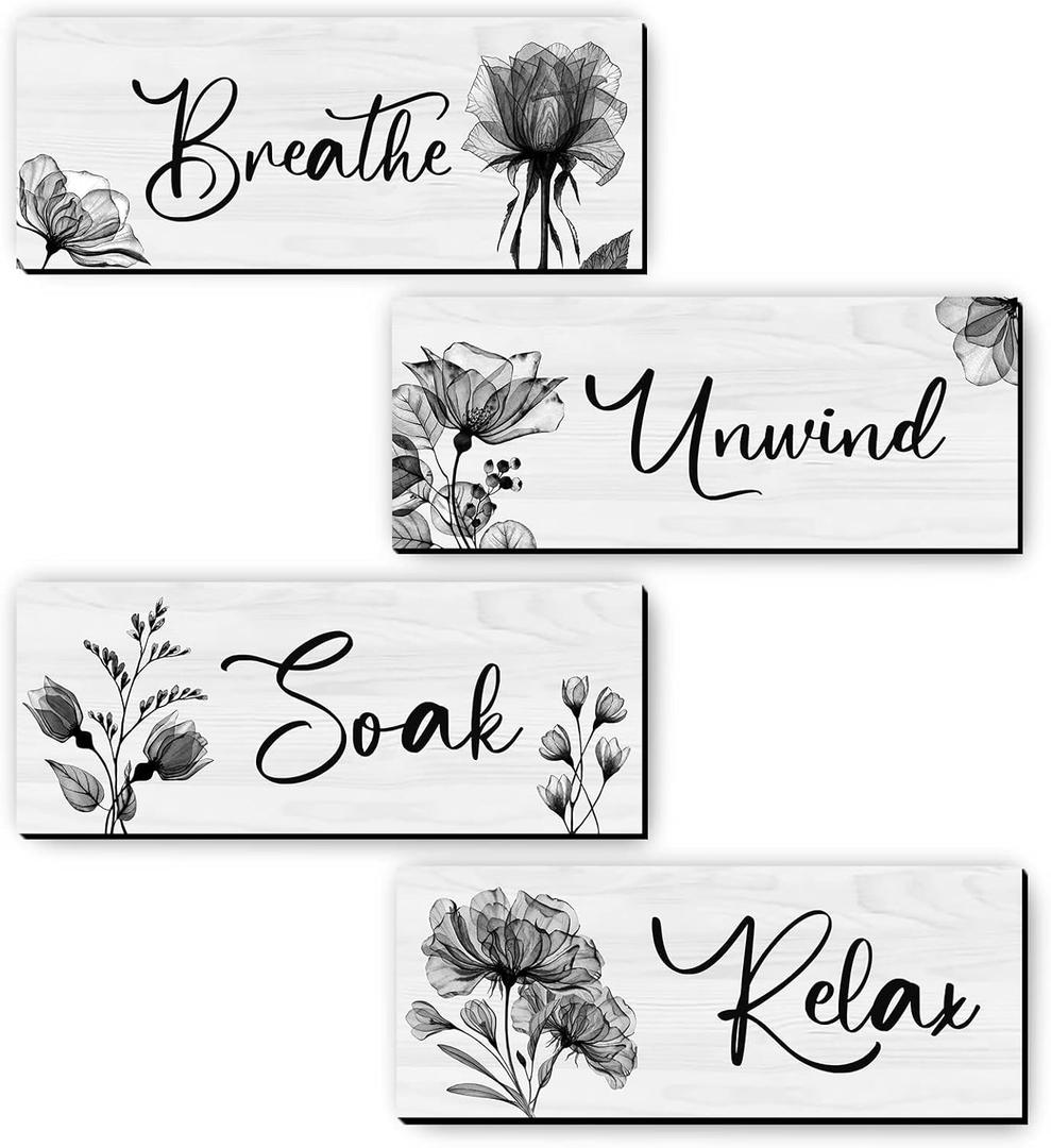 4 Wooden Wall Art Plaques - Large Bathroom Decor for Home Spa & Laundry (black)