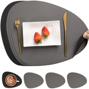 Myir JUN Placemats, Dual-Sided Placemats Waterproof Faux Leather Placemats Set of 4 Place Mats and Coasters Non-Slip Washable Table Mats for Dining Table (Gray Black, Set of 4)