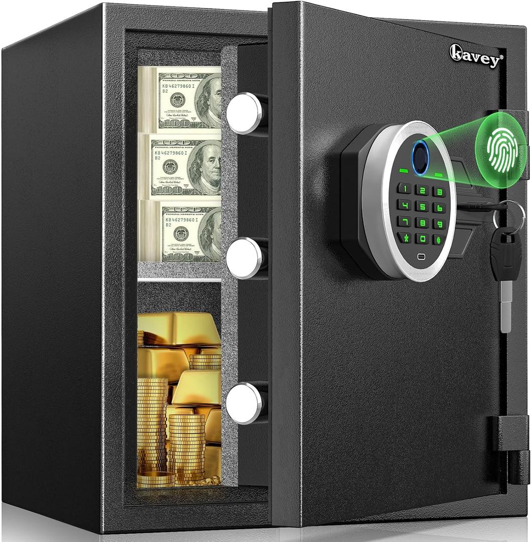 Kavey 1.8 Cub Fireproof Safe, Biometric Safe Box with Backlit Keypad, Heavy Fireproof Safe Box with Dual Alarm System, Mute Function, Home Safe for Home Hotel Valuables, KFS-40W