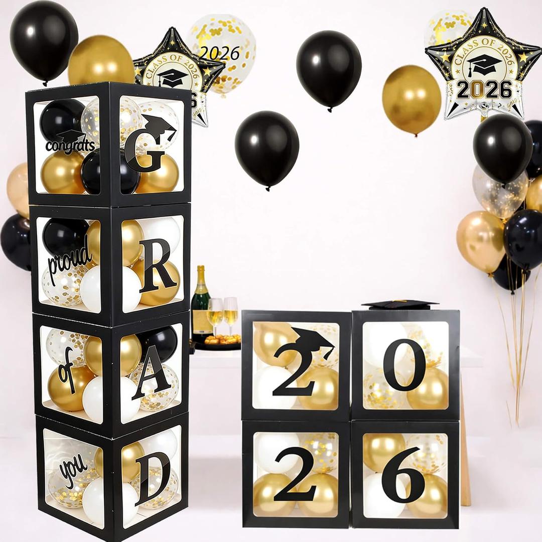 Graduation Decorations 2026 Grad Balloon Boxes for Balloon Arch Kit Black Gold Party Décor- 4Pcs Black Balloon Boxes with Letters & Balloons for Class of 2026 Photo Backdrop Props
