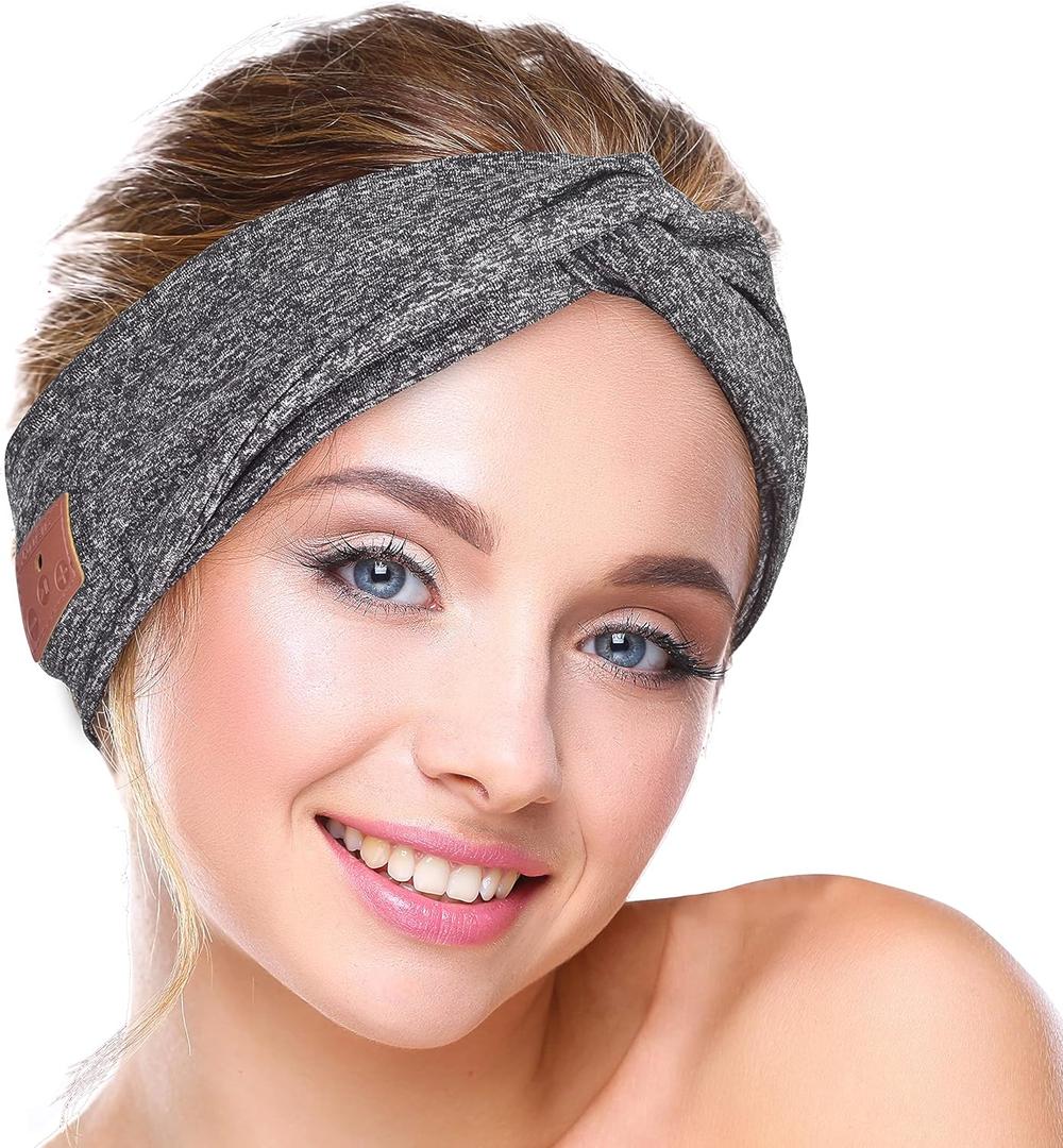Bluetooth Headband for Women, HD Speakers Bluetooth 5.0 Wireless Headband Headphones, Fashion Grey Head Band with Knotted/Twist Design for Yoga, Workout, Running, Sports, Gift, (Gray)
