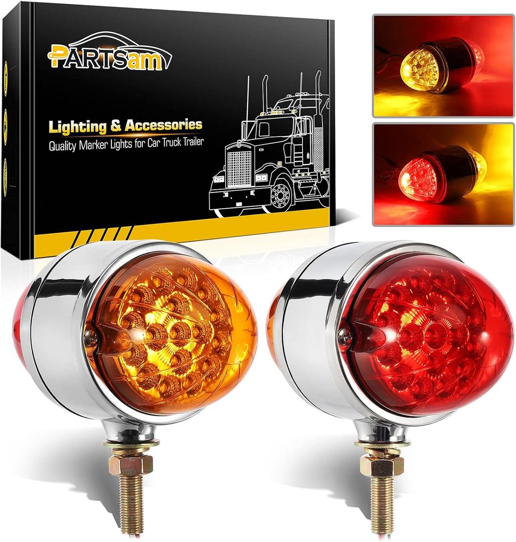 Partsam 2Pcs Amber/Red 17 LED Dual Revolution Watermelon Lights for Semi Truck [DOT Approved], Chrome Double Face Auxiliary Turn Signal Lights Replacement for Freightliner Kenworth Peterbilt Trucks