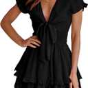 PRETTYGARDEN Women Summer Mini Short Dress 2025 Short Sleeve Casual Beach Vacation Sundress V Neck Tiered Sun Dresses (Small, Black)