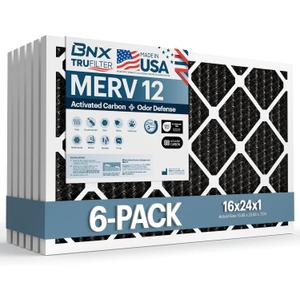 BNX TruFilter 16x24x1 MERV 12 Odor Defense (6-Pack) AC Furnace Air Filter with Activated Carbon - MADE IN USA - Pleated Air Conditioner HVAC AC Furnace Filters - Removes Odor, Mold, Bacteria, Smoke