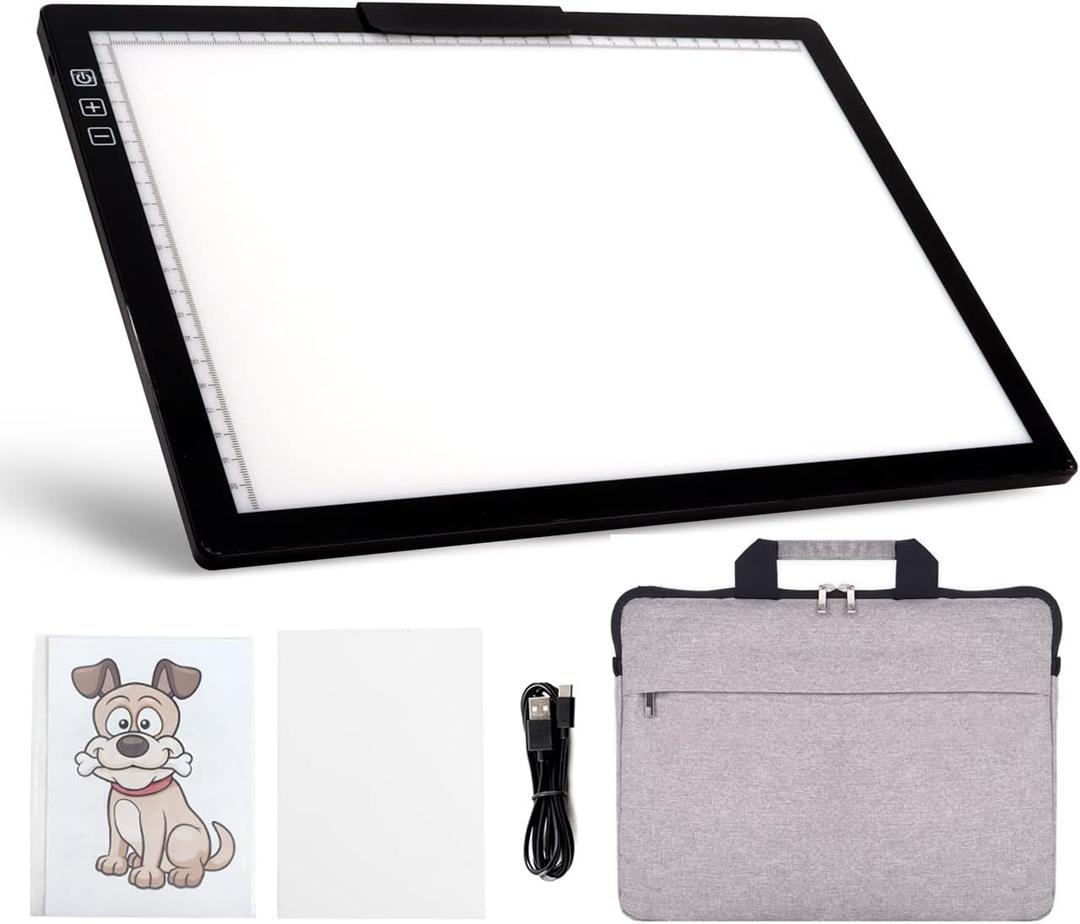 Rechargeable A4 LED Light Pad with Padded Case, Tracing Light Box w/Riser Stands and Paper Clip, 6 Levels of Brightness, Type-c Cable, Wireless Diamond Painting Light Board
