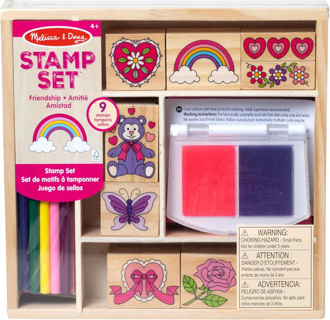 Melissa & Doug Wooden Stamp Set: Friendship - 9 Stamps, 5 Colored Pencils, and 2-Color Stamp Pad - FSC Certified