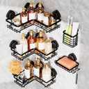 KEGII 5 Pack Corner Shower Caddy Suction Cup, Large Capacity Bathroom Organizer with Soap Dish & Toothbrush Holder, No Drilling Stainless Steel Wall Mounted Shower Storage, Black