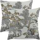 Chinoiserie Pillow Covers 20x20 Inch Set of 2 Asian Scenic Grey and Brown Throw Pillows Farmhouse Chinoiserie Decorative Pillowcase Linen Cushion Cover for Home Sofa Bedroom Outdoor