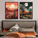 2 Pcs Sun Moon Desert Landscape Wall Art Day Night Western Wall Decor Southwest Boho Cactus Canvas Prints Nature Wilderness Paintings Mid Century Modern Mountain Poster Pictures For Living Room Unframed