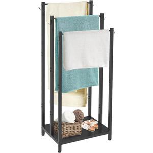 44 Inch Tall Free Standing Towel Rack with Metal Storage Shelf & 6 Hooks for Bathroom, 3 Tiers Heavy Duty Blanket Drying Stand Holder for Outdoor Pool, Bedroom, Living Room, Black