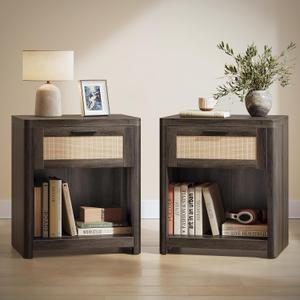 VASAGLE Set of 2 Boho Nightstands with Rattan-Look Drawer, 15"D x 18.9"W x 23.6"H-BOHO