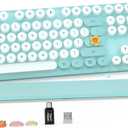 Wireless Keyboard, Round Keycaps, Retro Typewriter Keyboard with Detachable Wrist Rest, Sleep Mode, Foldable Legs, 2.4GHz FullSize Cordless Computer Keyboard for Windows/PC/Laptop (Tiffany Blue)