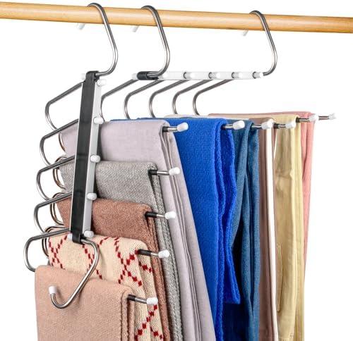 2 Pack Pants Hangers Space Saving Clothes Hangers 5 Layers, Non Slip Pant Hangers for Closet Organizers and Storage, Stainless Steel Jean Hangers Multifunctional Pants Rack for Trouser, Scarf, Skirt