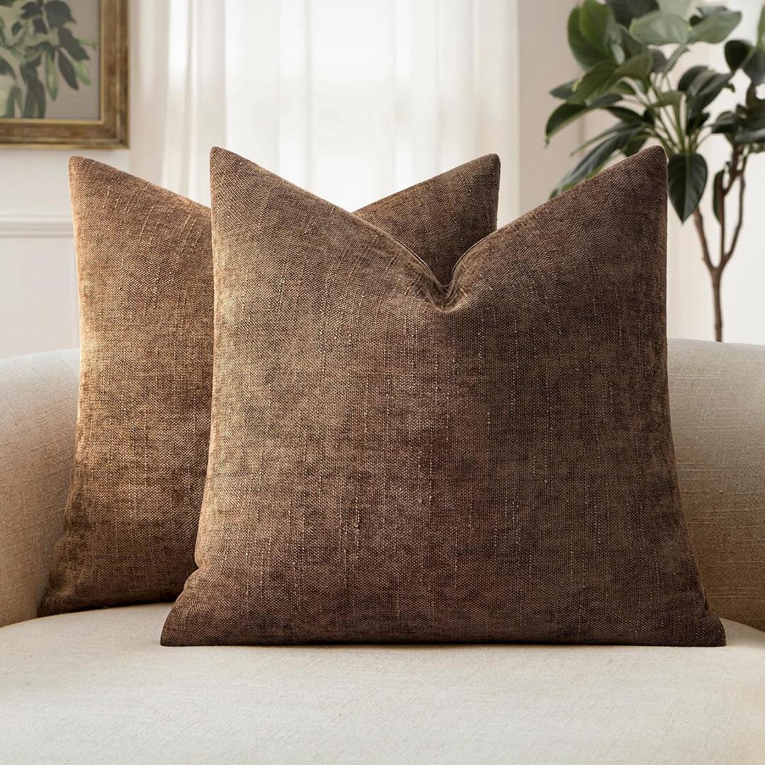 MIULEE Pack of 2 Decorative Throw Pillow Covers Soft Chenille Throw Pillows Solid Neutral Farmhouse Textured Cushion Covers for Couch Sofa Bedroom Living Room 18x18 Inch,Honey Brown