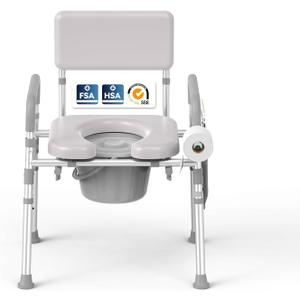 Bedside Commode with Padded Seat & Backrest, Aluminum Toilet with 6.5 qt Bucket, Easy-Clean, 350 lb Capacity Enhanced Crossbar, Portable Toilet for Seniors with Paper Holder & Newspaper Bag
