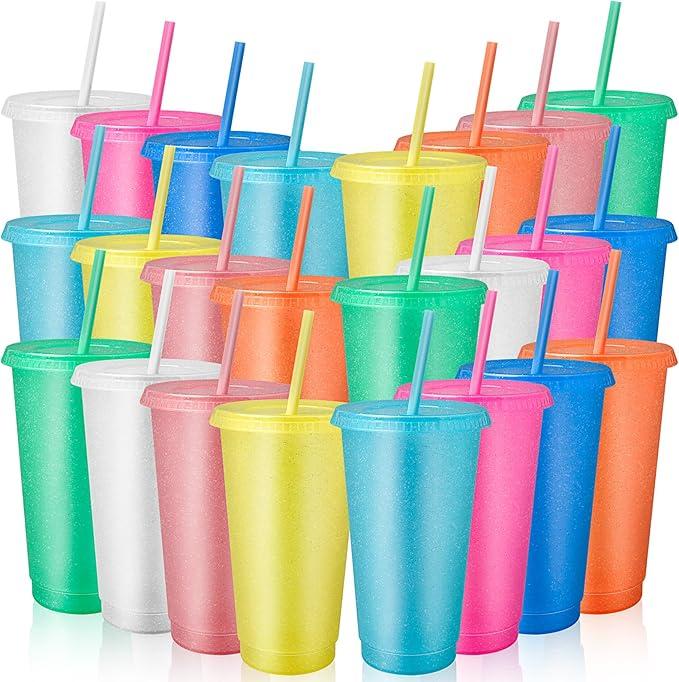 Plastic Tumblers with Lids and Straws, 24 Pcs Reusable Cups with Lids Plastic Colorful Cups for Parties Birthdays, Iced Coffee Cup Travel Mug Cold Drink Cups Bulk Tumblers (24 oz, Light Colors)