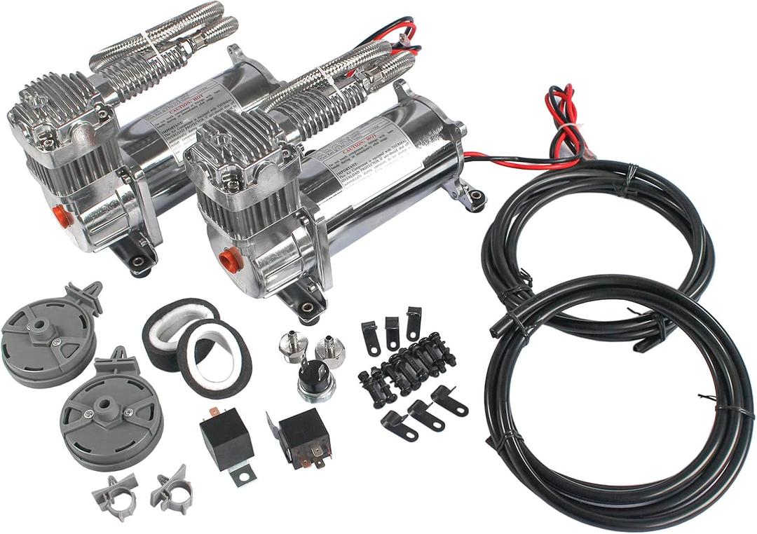 12V 444C 200 PSI Dual Value Pack Chrome Air Compressor for Auto/Motorcycle (2Pcs)