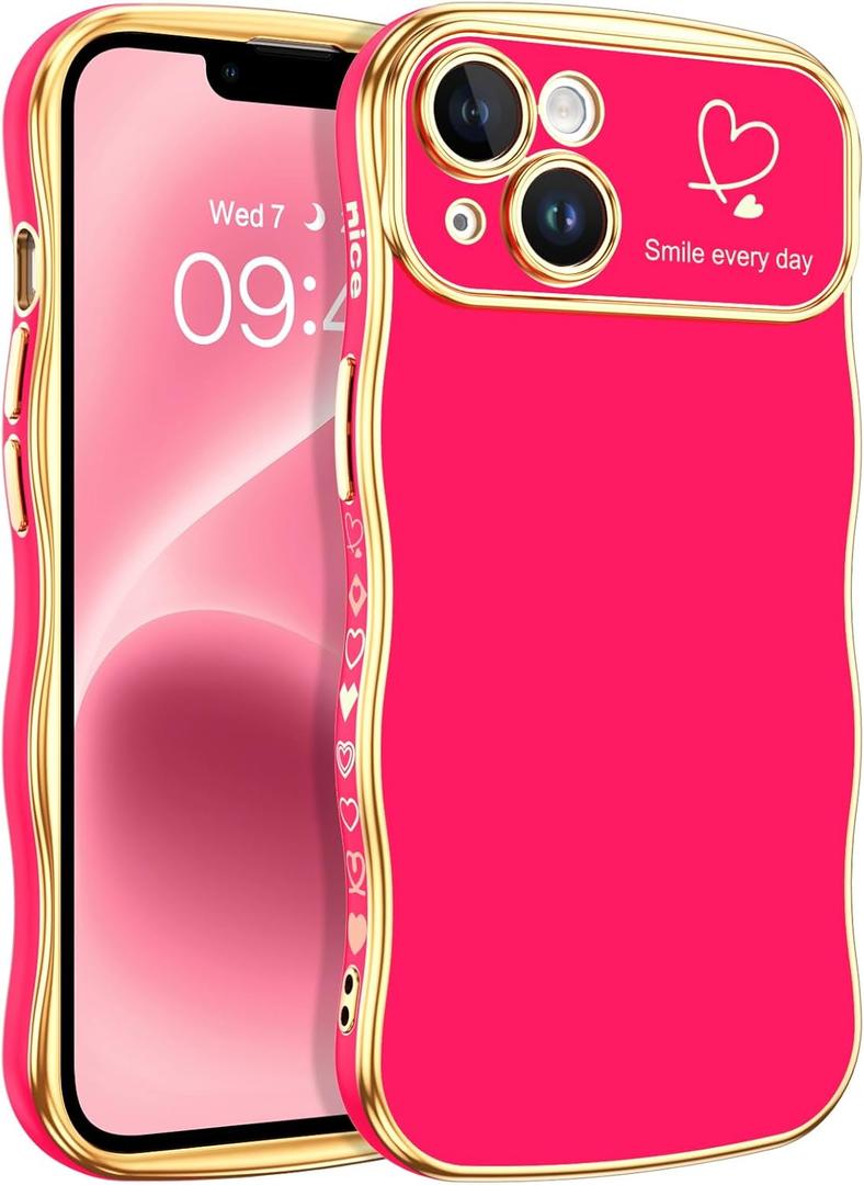 BENTOBEN for iPhone 14 Case, Cute Curly Wave Frame Heart Pattern, Slim Thin Luxury Plating Wavy Edge Full Camera Protection Shockproof Bumper Women Girls Phone Cover for iPhone 14 6.1" 2022, Hot Pink