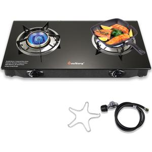 Propane Stove 2 Burner Gas Stove, 28800 BTU High-Efficiency Auto Ignition Tempered Glass LPG Cooktop with CSA Regulator and Hose  for Outdoor Camping, RV, and Emergency Cooking