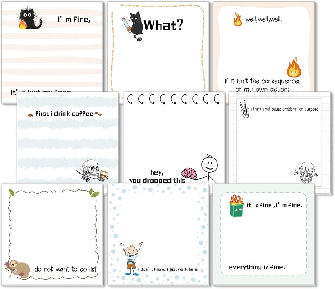 ZCPTZ 9 Pcs Funny Notepads 3" x 3" Self-adhesive Note Pads Fun Memo for Work Office School Home Supplies - 450 Sheets Reusable Cute Sticky Notes