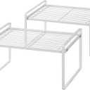2Pack Kitchen Cabinet Shelf Counter Organizer Rack Pantry Storage Bathroom Bedroom Office Table Desk Space Saving Stackable Rust Resistant Non Slip White Wide L13.1in W10.6in H7.3in