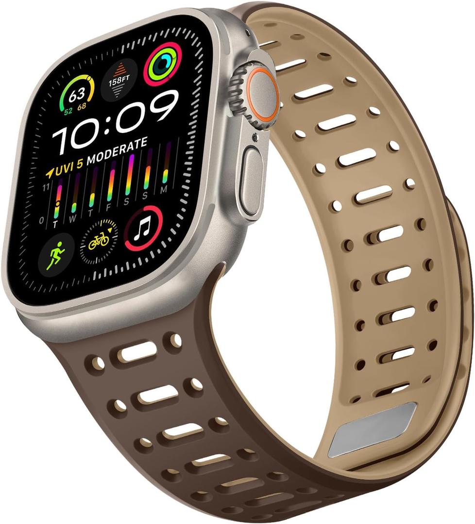 Compatible with Apple Watch Band 49mm 46mm 45mm 44mm 42mm 41mm 40mm 38mm, Magnetic Silicone Sport Breathable Strap for iWatch Ultra 3/2/1 SE3 Series 11 10 9 8 7-1 (49/46/45/44/42, D/L-Brown)