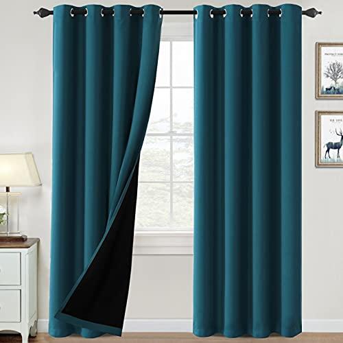 H.VERSAILTEX 100% Blackout Curtains for Bedroom Thermal Insulated Blackout Curtains 96 inch Length Heat and Full Light Blocking Curtains for Living Room with Black Liner 2 Panels Set, Dark Teal